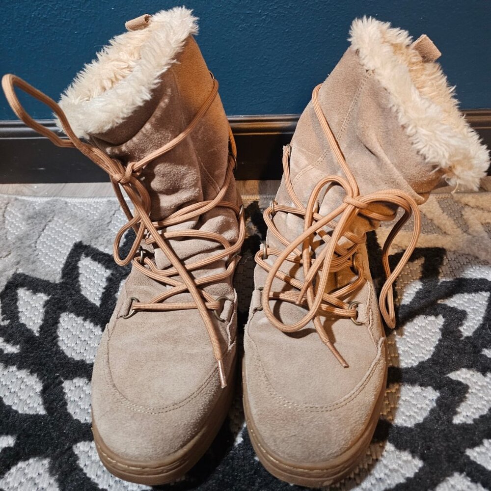 Snow Boot Women's Tan Suede Lace Up Mid Calf Boots